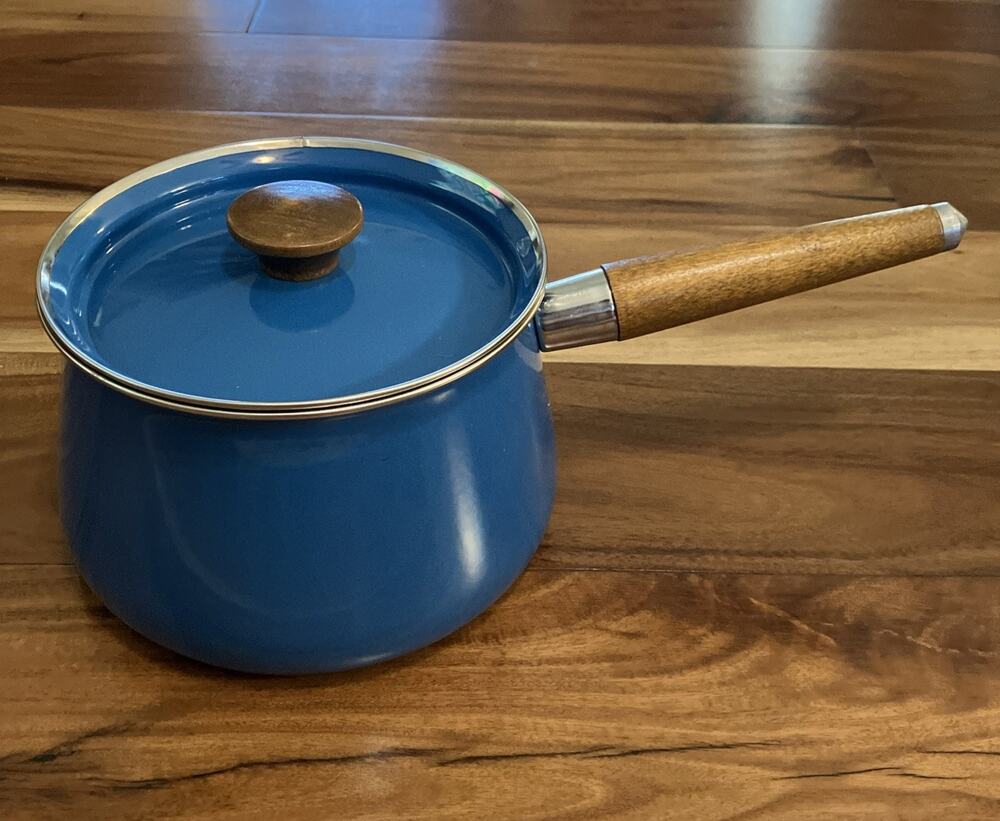 Vintage MCM Blue Sauce Pan Pot & Lid Wood Handle Cookware 1960s Minty Condition